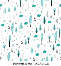 Decoración impecable con árboles, abetos, arbustos y hierba sobre un fondo blanco al estilo Doodle. Fondo para el diseño de tela, Papel tapiz, papel envolvente. Ilustración del vector