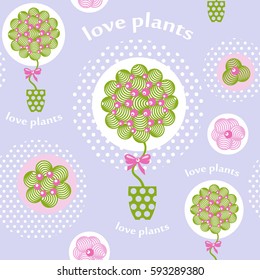 Seamless pattern of trees in a flower pot on a background of polka dots.   Vector Illustration                                                      