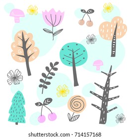 Seamless pattern with trees and flowers. Forest background. Childish kids print texture for fabric textile.Vector Illustration.