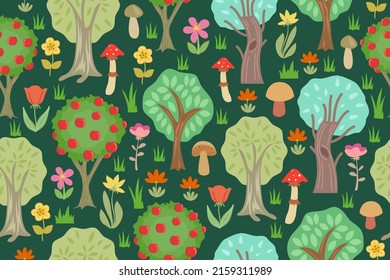 Seamless pattern with trees, flowers and mushrooms. Cartoon forest repeating vector pattern, for any design project