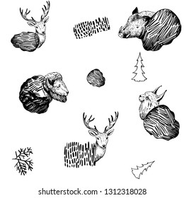 Seamless pattern with trees and forest animals: lynx, deer, boar, bison. Vector illustration.