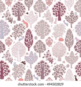 Seamless pattern with trees and forest animals. Vector woodland background.