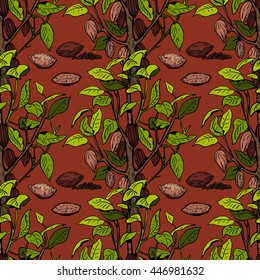 Seamless pattern with trees and fruits of cocoa