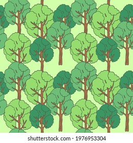 Seamless pattern with trees. Garden, park and forest. For printing wrapping paper, wallpaper, packaging, fabric. Hand Drawn vector illustration.