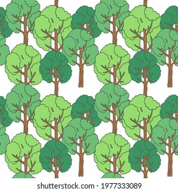 Seamless pattern with trees. Garden, park and forest. For printing wrapping paper, wallpaper, packaging, fabric. Hand Drawn vector illustration.