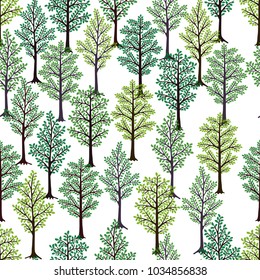 Seamless pattern. Trees with green foliage isolated on white background. Ideal for textile print and wallpapers.