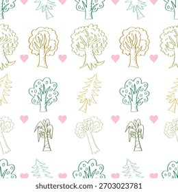 Padrão contínuo com árvores e corações. Ilustração de vetor desenhada à mão.
