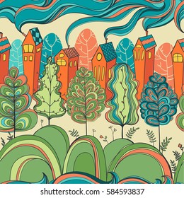 seamless pattern with trees and houses