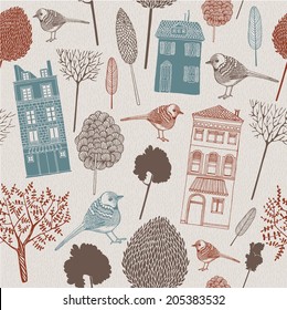 Seamless pattern with trees, houses and birds in vintage style.