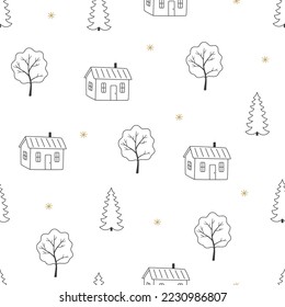 Seamless pattern with trees and houses, contour.