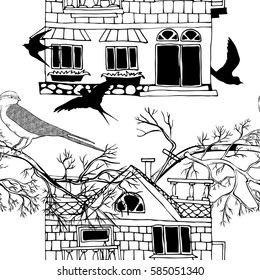 Seamless pattern with trees and houses, monochrome