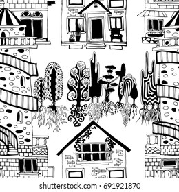 Seamless pattern with trees and houses, monochrome.