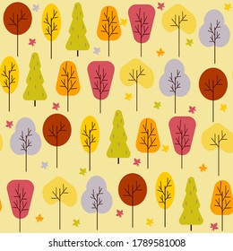 Seamless pattern. Trees, leaves in autumn palette on yellow background. Vector background.