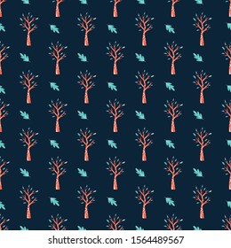 Seamless pattern with trees and leaves in flat style, Vector illustration. 
