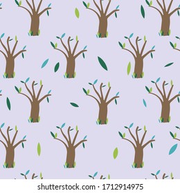 Seamless pattern. Trees and leaves . Lilac background
