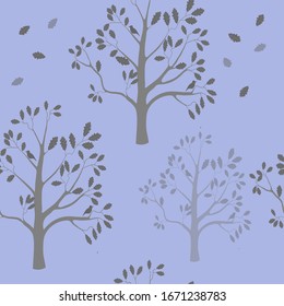 Seamless pattern with trees and leaves on a blue background. 