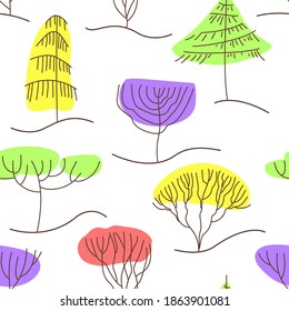 Seamless pattern with trees in line art style. Stylized trees spruce, pine, willow, larch. Decorative multi-colored kids print. Flat vector illustration.