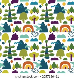 Seamless pattern with trees, mountains, birds, rainbows and clouds on a white background. Illustration for wrapping paper, postcards, prints for clothes, posters,advertising and packaging. 