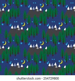 Seamless pattern with trees, mountains, moon and stars
