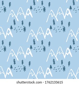 Seamless pattern with trees and mountains on blue background. Scandinavian endless woodland wallpaper. Decorative backdrop for fabric design, textile print, wrapping, cover. Vector illustration. 
