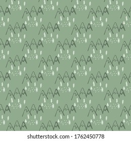 Seamless pattern with trees and mountains on green background. Scandinavian endless woodland wallpaper. Decorative backdrop for fabric design, textile print, wrapping, cover. Vector illustration.