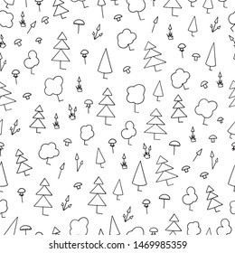 Seamless pattern with trees and mushrooms. Doodle style illustration in vector.