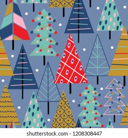 seamless pattern with Сhristmas trees on blue background