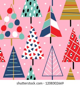seamless pattern with Сhristmas trees on pink background - vector illustration, eps