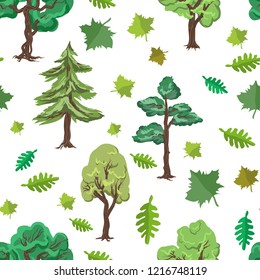 Seamless pattern with trees on a white background. Oak, pine, maple with fallen leaves. Ecological drawing for decorating eco products about protect the environment. 