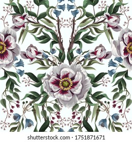 Seamless pattern with trees peonies. Trendy floral design. Vector.