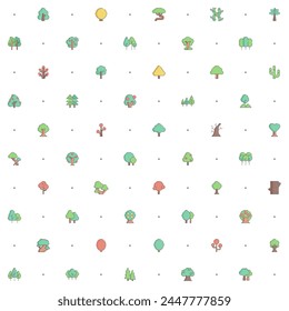 Seamless pattern trees and plant cast icon on white background. Included the icons as nature, park, green, forest, wood, landscape, pine tree, tropical And Other Elements