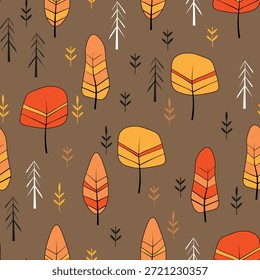 Nahtloses Muster mit Bäumen, Pflanzen. Farbvektorhintergrund. Frühling, Herbstbaum für Ihr Design. Konzept der ökologischen Idee. Print-Design für Tapeten, Stoff, Textil.