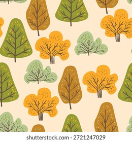 Seamless pattern with trees, plants. Color vector background. Spring, autumn tree for your design. Eco idea concept. Print design for wallpapers, fabric, textile.