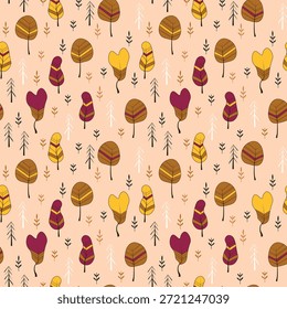 Seamless pattern with trees, plants. Color vector background. Spring, autumn tree for your design. Eco idea concept. Print design for wallpapers, fabric, textile.