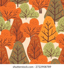 Padrão contínuo com árvores, plantas. Plano de fundo do vetor de cores. Primavera, árvore de outono para o seu projeto. Conceito de ideia ecológica. Design de impressão para papéis de parede, tecido, têxtil.