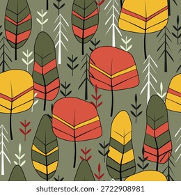 Padrão contínuo com árvores, plantas. Plano de fundo do vetor de cores. Primavera, árvore de outono para o seu projeto. Conceito de ideia ecológica. Design de impressão para papéis de parede, tecido, têxtil.