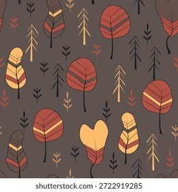 Padrão contínuo com árvores, plantas. Plano de fundo do vetor de cores. Primavera, árvore de outono para o seu projeto. Conceito de ideia ecológica. Design de impressão para papéis de parede, tecido, têxtil.