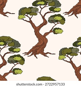 Padrão contínuo com árvores, plantas. Plano de fundo do vetor de cores. Primavera, árvore de outono para o seu projeto. Conceito de ideia ecológica. Design de impressão para papéis de parede, tecido, têxtil.