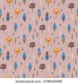Seamless pattern with trees, plants. Color vector background. Spring, autumn tree for your design. Eco idea concept. Print design for wallpapers, fabric, textile.