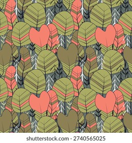 Seamless pattern with trees, plants. Color vector background. Spring, autumn tree for your design. Eco idea concept. Print design for wallpapers, fabric, textile.