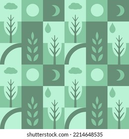 Seamless pattern with trees and plants, geometric mosaic, green ecology concept, flat vector background.