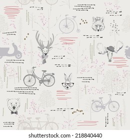 Seamless pattern with trees, shrubs, foliage, animals, deer, elk, rabbit, hare, fox, bear, on light background in vintage style. Background for fabric, scrapbooking, greeting cards in hipster style. 