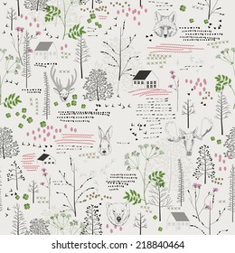 Seamless pattern with trees, shrubs, foliage, deer, elk, fox, bear, rabbit, rabbit, animals on light background in vintage style. Background for fabric, scrapbooking in hipster style. Hand drawing. 