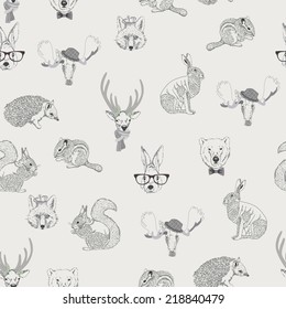 Seamless pattern with trees, shrubs, foliage, animalsrabbit, hare, squirrel, deer, elk, squirrel, hedgehog, fox, bear, on light background in vintage style. Hand drawing. 