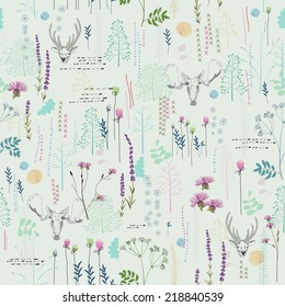 Seamless pattern with trees, shrubs, foliage, deer, elk, animals on light background in vintage style. Background for fabric, scrapbooking, greeting cards, gifts in hipster style. Hand drawing. 