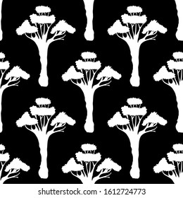 Seamless pattern with trees silhouette. Vector hand drawn illustration on a beautiful background. Perfect for invitations, cards, prints, flyers, posters.
