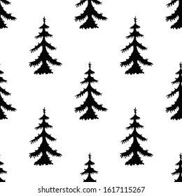 Seamless pattern with trees silhouette. Vector hand drawn illustration on a beautiful background. Perfect for invitations, cards, prints, flyers, posters.