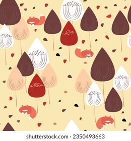 seamless pattern with trees and sleeping foxes for wallpaper, fabric, backgrounds