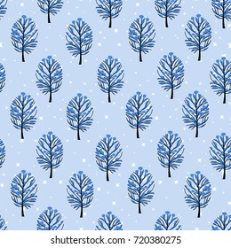 Seamless pattern with trees and snowflakes, vector. Graphic silhouettes of trees. Ornament of snow-covered trees on a blue background