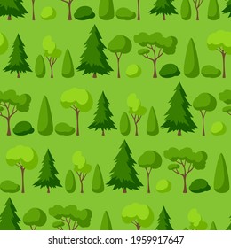 Seamless pattern with trees, spruces and bushes.